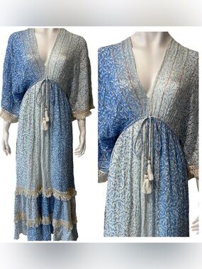 Zury Handcrafted Bohemian Maxi Kaftan Dress in Blue Size OS
